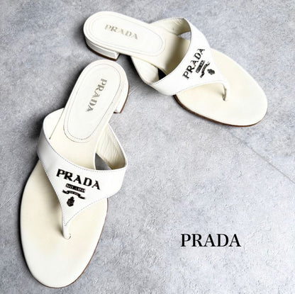 Prada Logo Sandal Patent Leather White Flip Flops 36 1 2 23.5cm (9.25in)