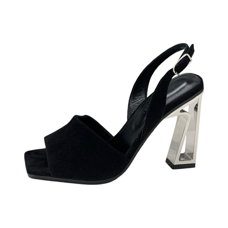 Hermes Crystal 105 Sandals Shoes Suede Black Silver Strap