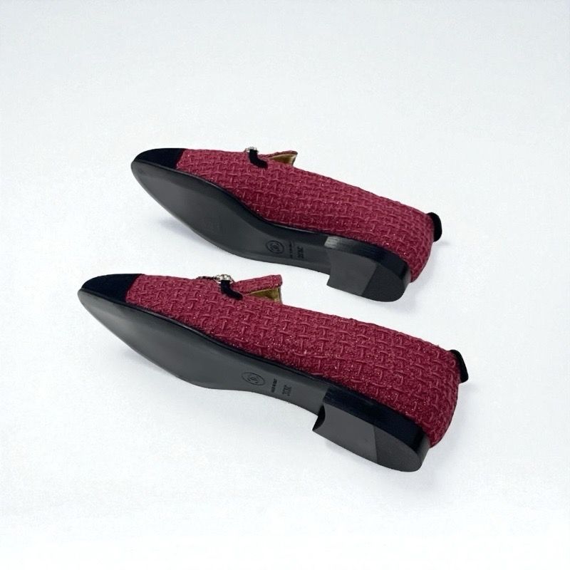 Chanel Flat Shoes Tweed Suede Pink Black Here Mark Chain Charm Opera Shoes