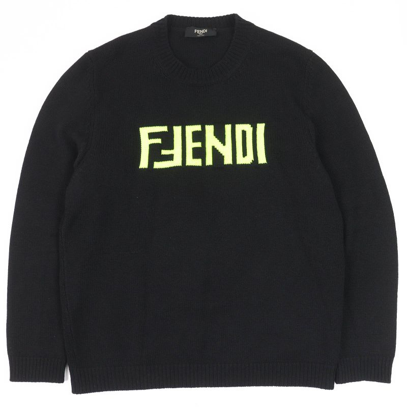 Fendi Fzz469 100% Cashmere Front Logo Crew Neck Long Sleeves Knit Sweater Black