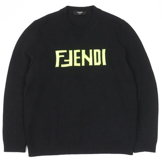 Fendi Fzz469 100% Cashmere Front Logo Crew Neck Long Sleeves Knit Sweater Black