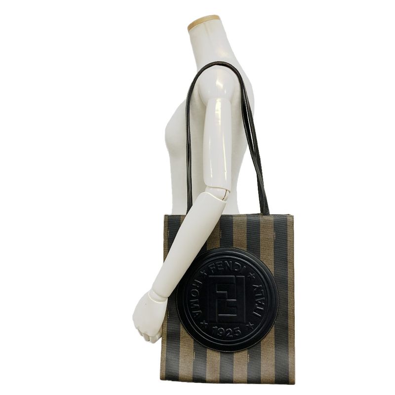 Fendi Pecan Tote Leather PVC Black Khaki Logo Unisex