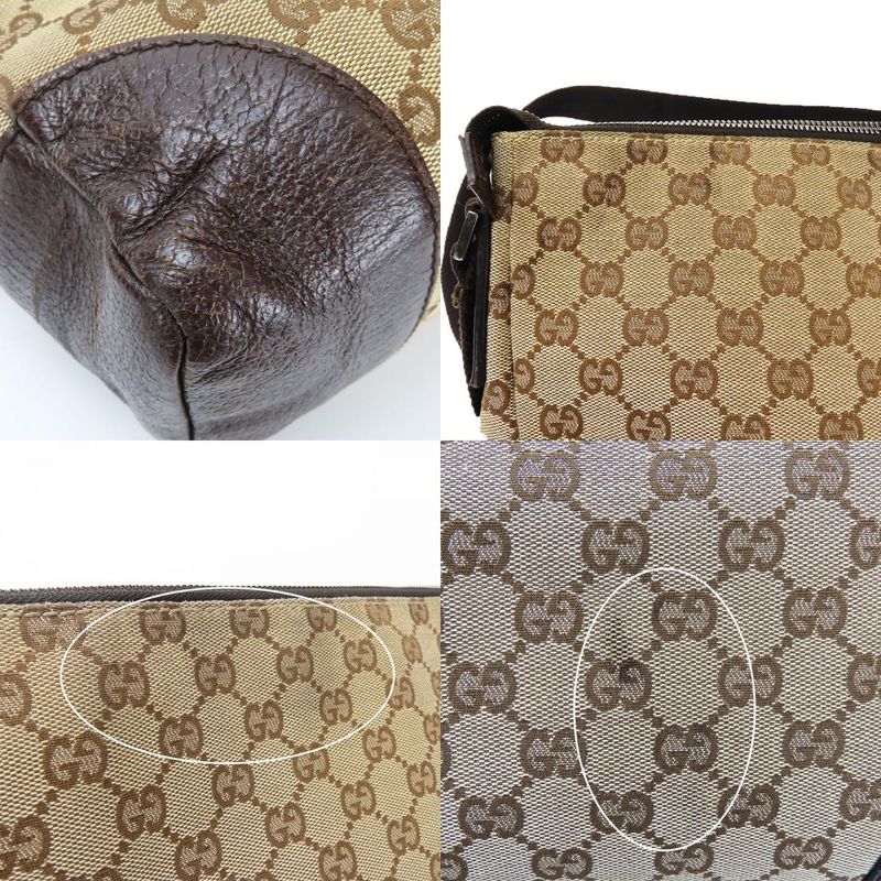 Gucci Shoulder Bag 110054 GG Canvas Leather Beige Dark Brown Silver Hardware