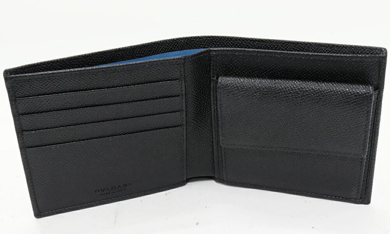 Bulgari Man Compact Wallet With Coin Purse Calf Leather Black And Blue 30396(294