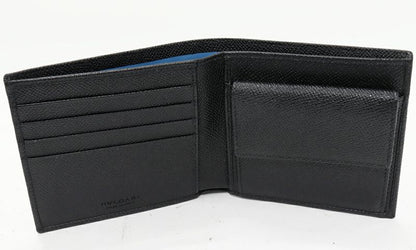 Bulgari Man Compact Wallet With Coin Purse Calf Leather Black And Blue 30396(294