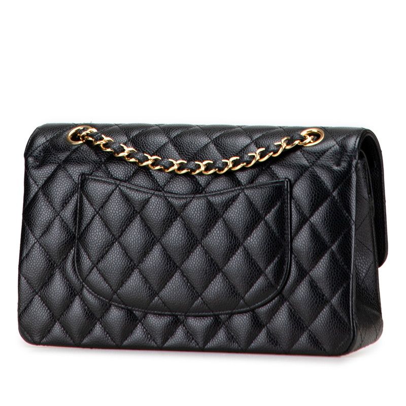 Chanel Matelasse 25 Coco Mark Double Flap Chain Shoulder Bag Black Caviar Skin