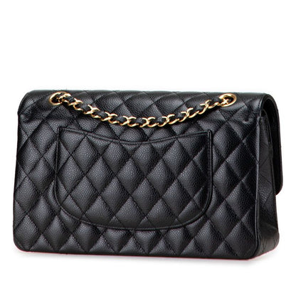Chanel Matelasse 25 Coco Mark Double Flap Chain Shoulder Bag Black Caviar Skin