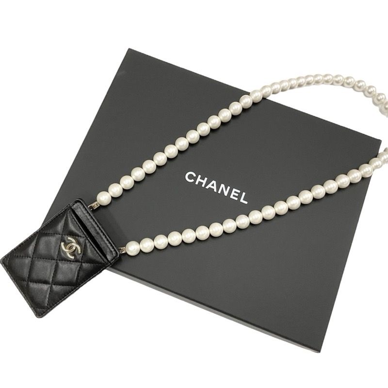 Chanel Card Case Card Holder Pass Case Black Gold Coco Mark Matelasse Pearl
