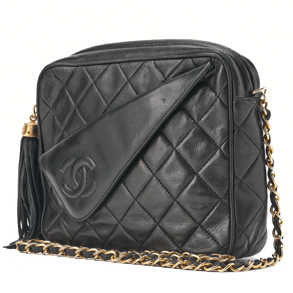 Chanel Matelasse Coco Mark Fringe Chain Shoulder Lambskin Black With Gold