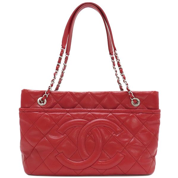 Chanel Matelasse Chain Tote Bag Caviar Skin Red Silver Hardware Red Coco Mark