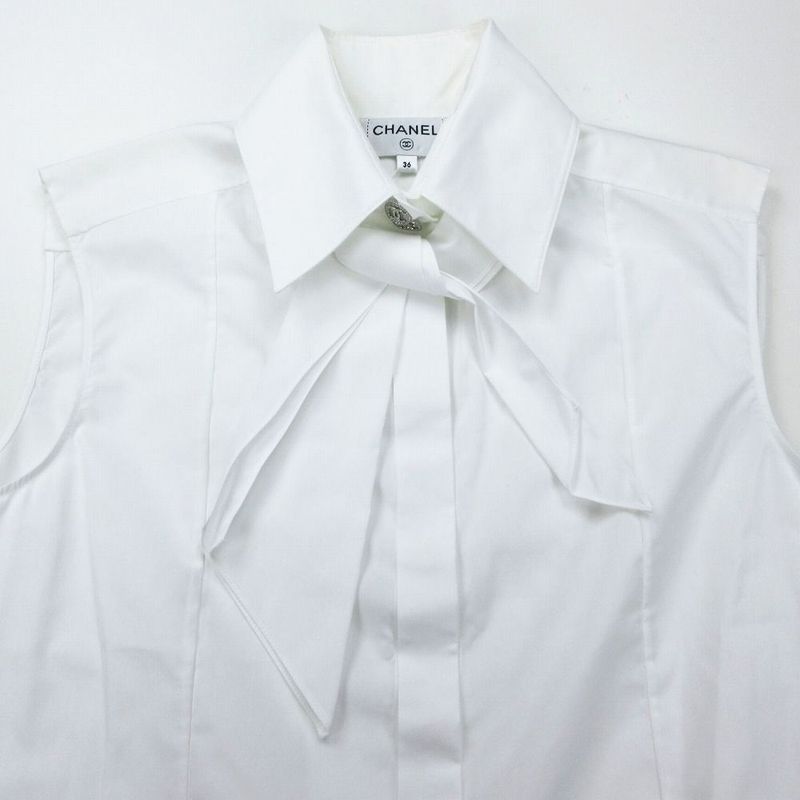 Chanel P63258v48585 Bow Tie Sleeveless Coco Mark Button Blouse Top White Size S