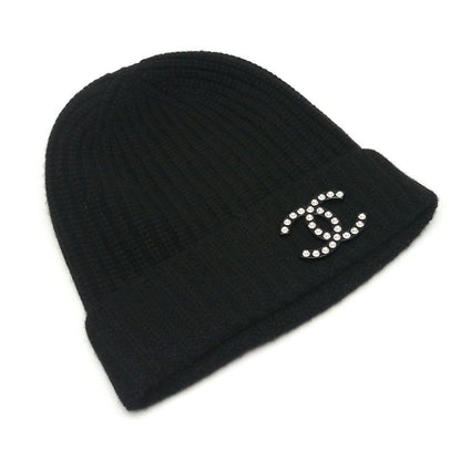 Chanel Knit Cap Cashmere With Coco Mark Brooch Black