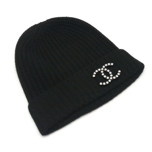 Chanel Knit Cap Cashmere With Coco Mark Brooch Black