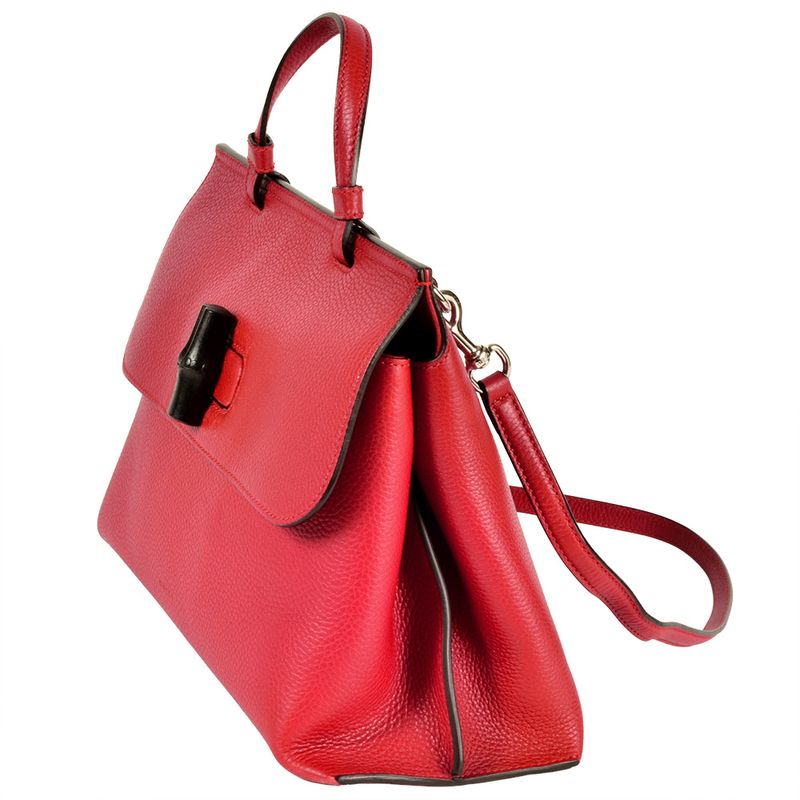 Gucci Daily Handbag 2WAY Leather Bamboo 370831 Red Silver Hardware Women