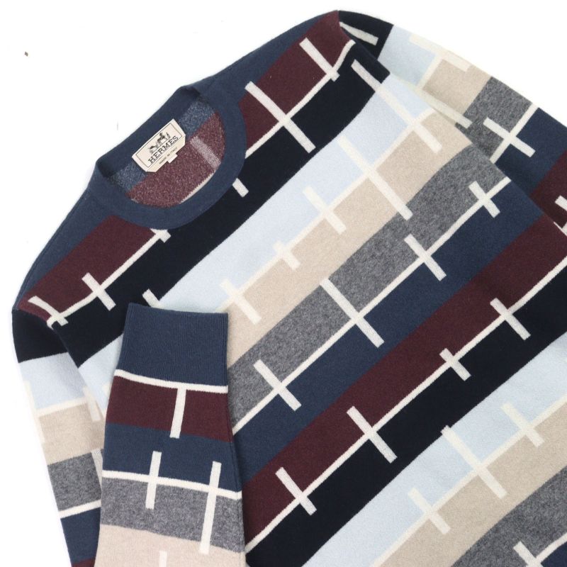 Hermes 100% Cashmere Crewneck Sweater Knit Multicolor Striped Pattern M Made In