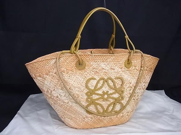 Loewe Anagram Straw X Leather Basket Bag Handbag Tote Women Beige Ft0538