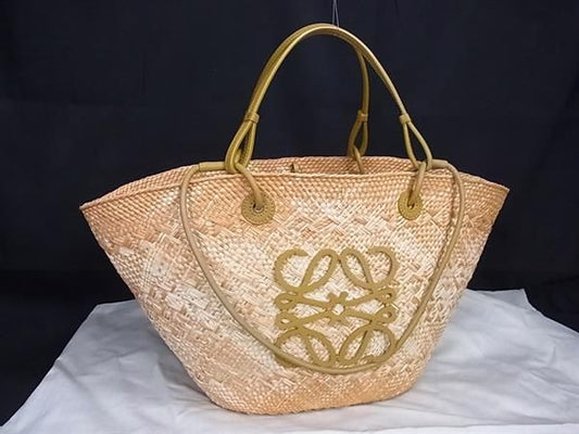 Loewe Anagram Straw X Leather Basket Bag Handbag Tote Women Beige Ft0538