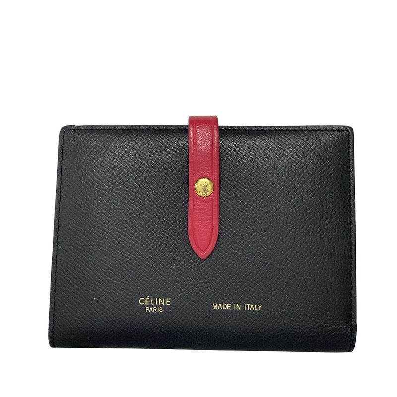 Celine Bifold Wallet Medium Strap Wallet Black And Pink Leather