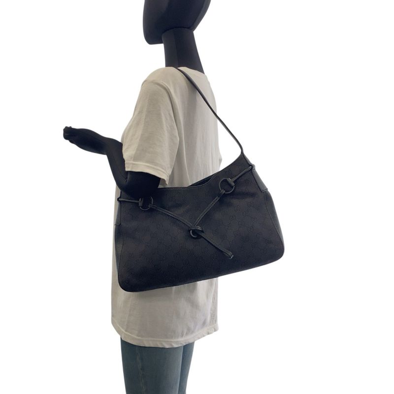 Gucci Horsebit Black GG Canvas/leather 101975 Shoulder Bag Women 504079