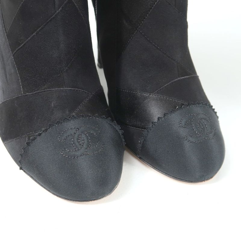 Chanel Boots Size 37 1 2 C Coco Mark Different Material Side Zip Pin Heel Midi