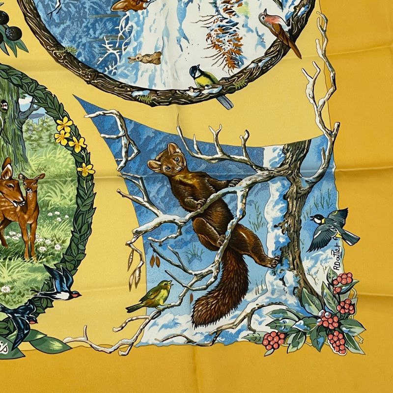 Hermes Carre 90 LES Quatre Saisons Four Seasons Brown Animal Flower Scarf Silk