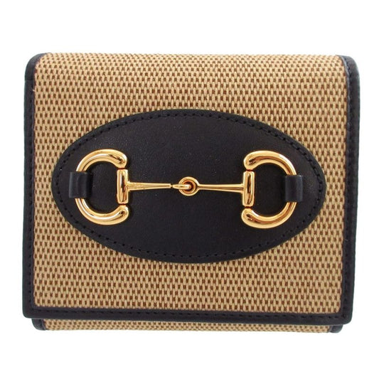 Gucci Horsebit 1955 Compact Wallet Canvas Leather Beige Navy Blue Bifold