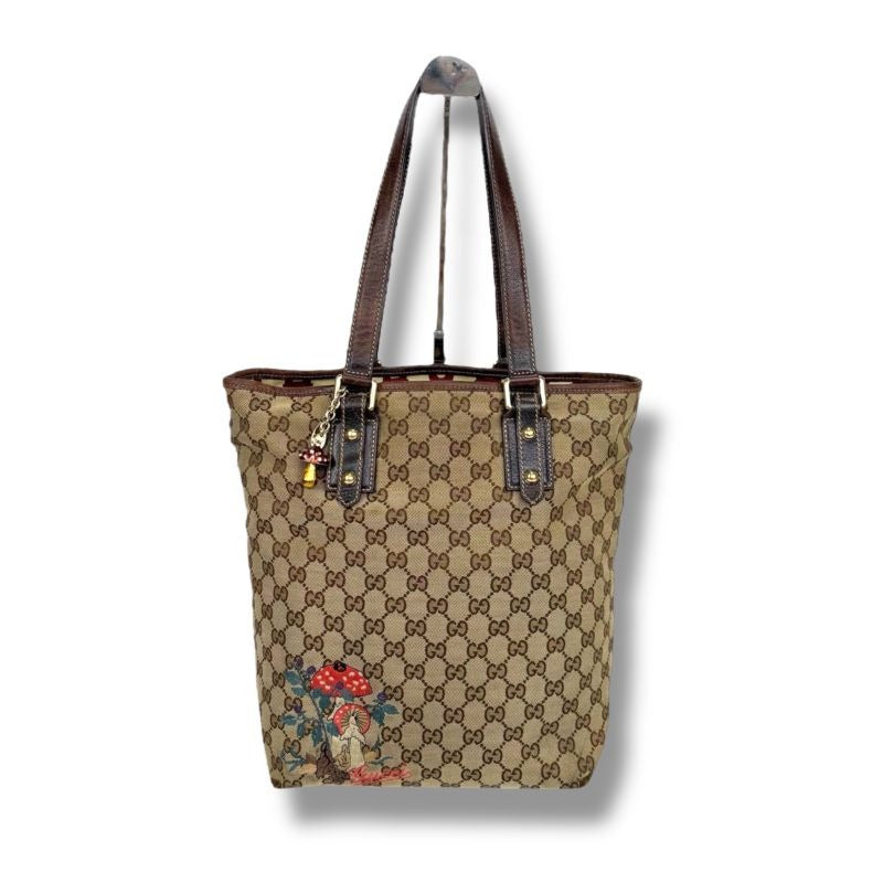 Gucci Tote Bag GG Canvas Mushroom Embroidery Charm Shoulder A4 Horsebit