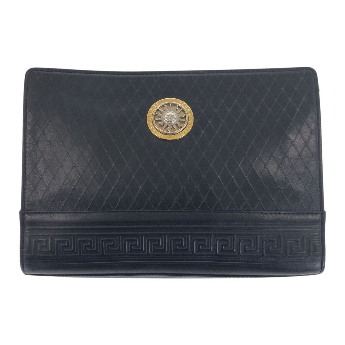 Versace Sunburst Black Gold Silver Leather Clutch