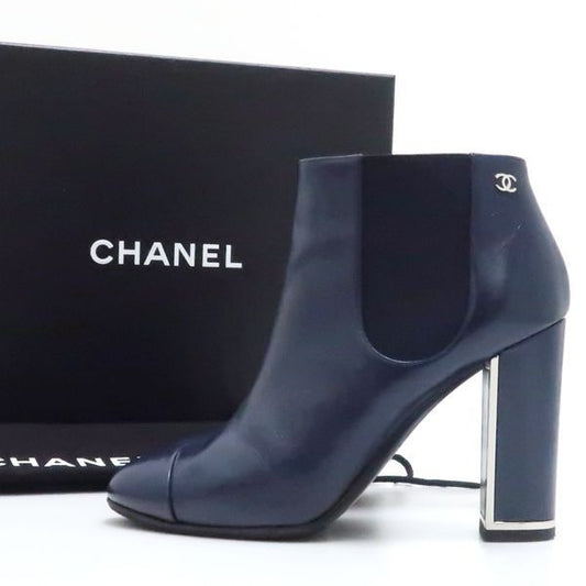 Chanel Short Boots 36 Side Gore Leather Navy Coco Mark
