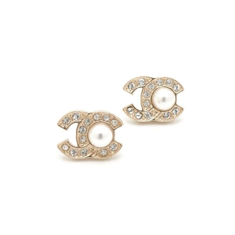Chanel Earrings Gold Coco Mark Rhinestone