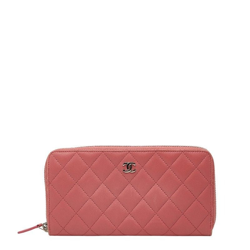 Chanel CC Logo Quilted Zip Around Wallet Pink Lambskin