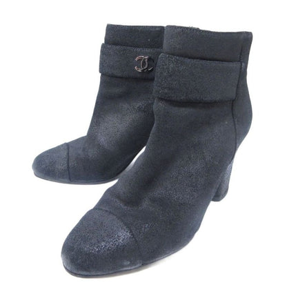 Chanel Suede Coco Mark Short Boots Heel Side Zip Black 36