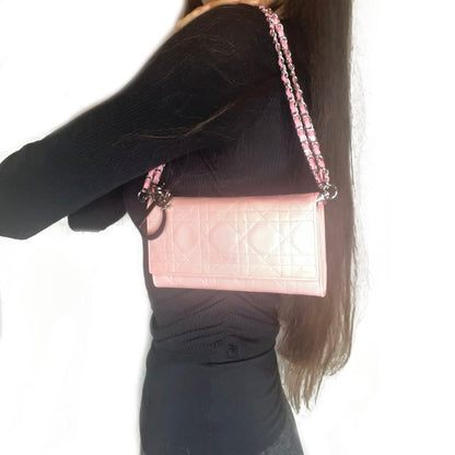 DIOR Lady Dior Long Flap Wallet on Chain Pink Lotus Cannage Lambskin Leather