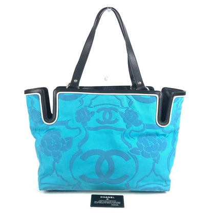 Chanel Shoulder Bag Logo CC Camellia Leather Canvas Blue Shape