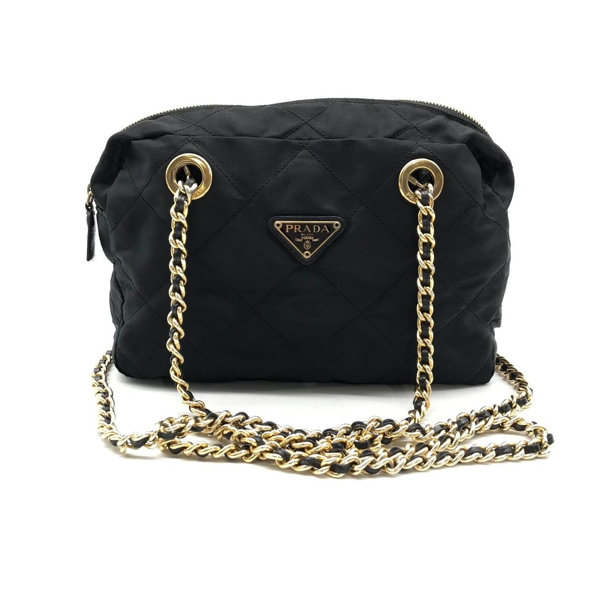 Prada Nylon Quilted Chain Shoulder Tote Black