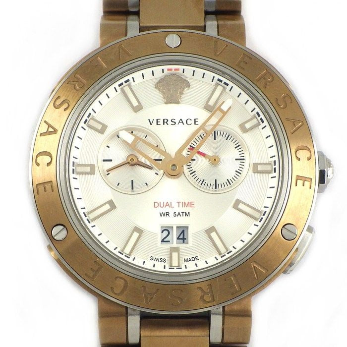 Versace Watch Pro Date Small Second Dual Time Display Sunray Silver Dial SS