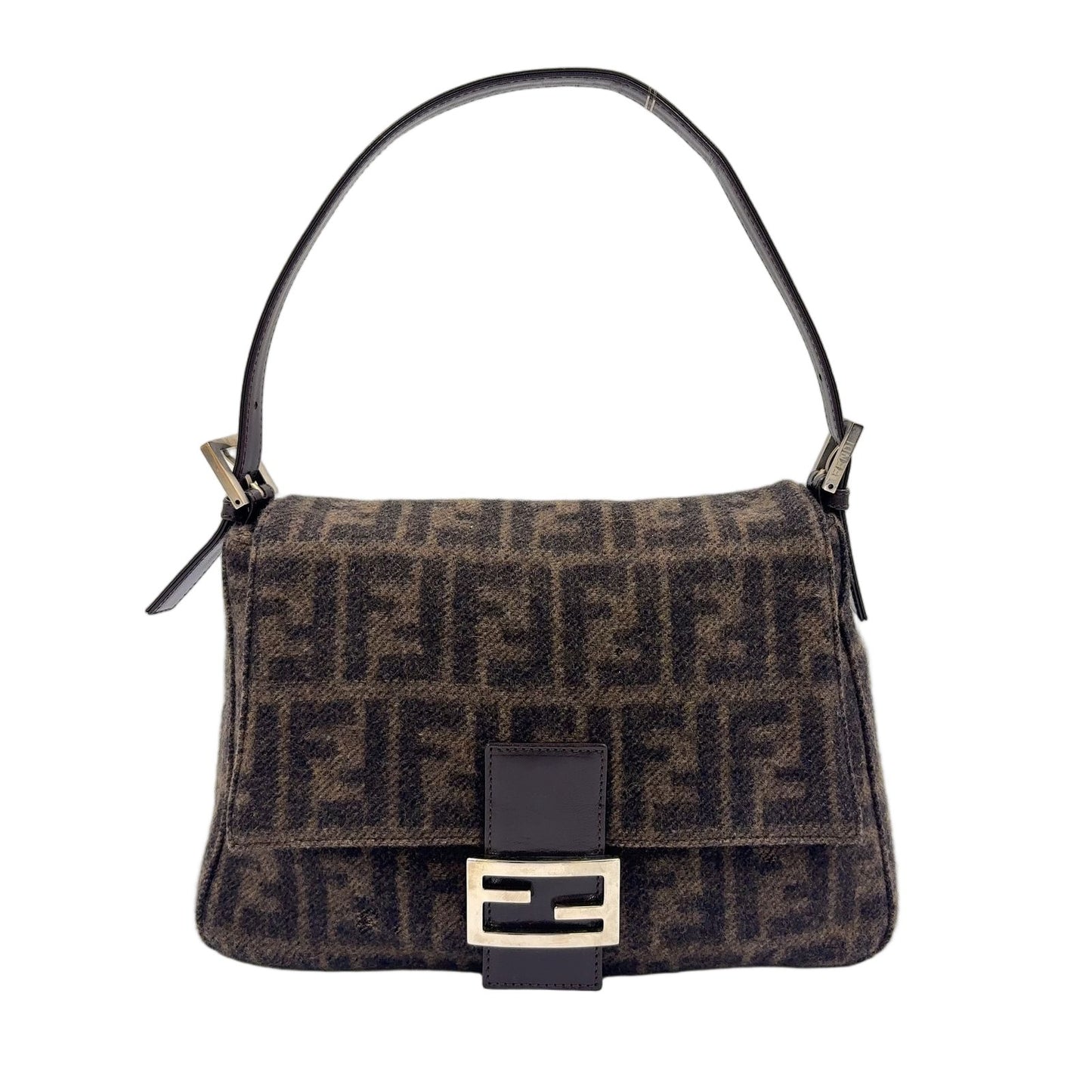 Fendi Zucca Pattern Mamma Bucket Leather Wool Dark Brown Shoulder Bag Silver