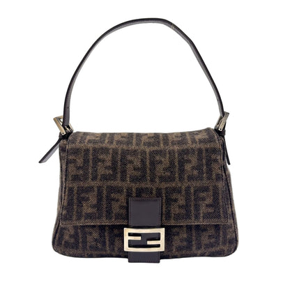 Fendi Zucca Pattern Mamma Bucket Leather Wool Dark Brown Shoulder Bag Silver