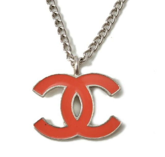 Chanel Necklace Pendant Chanel Coco Mark CC Coral Orange Silver