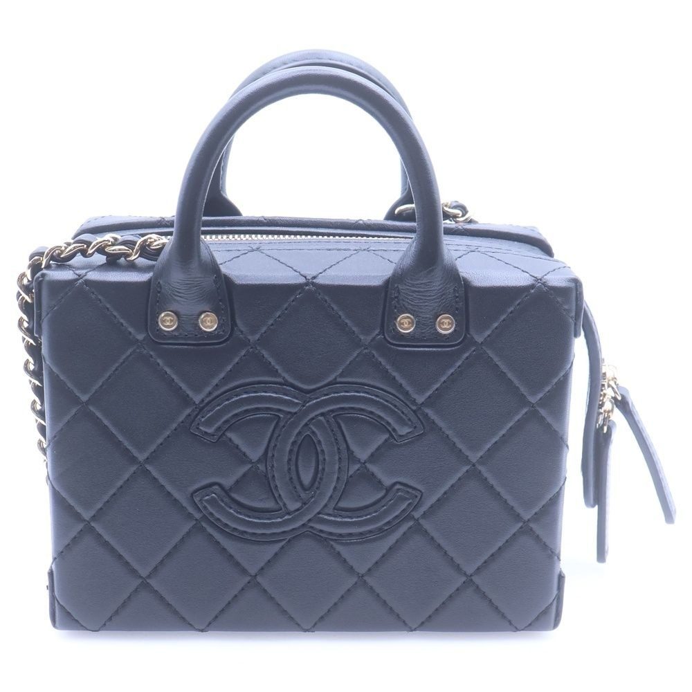 Chanel Quilted Chain Shoulder Bag Vanity Small Black Lambskin Gold