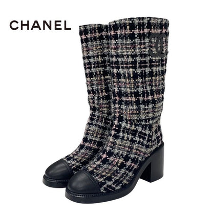 Chanel Boots Long Shoes Tweed Leather Black Multicolor Coco Mark