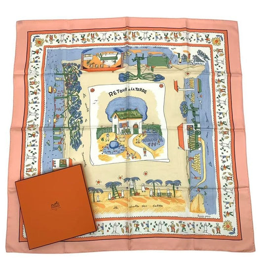 Hermes Carre 90 RE TOUR A LA Terre Return Home Silk Scarf Pink