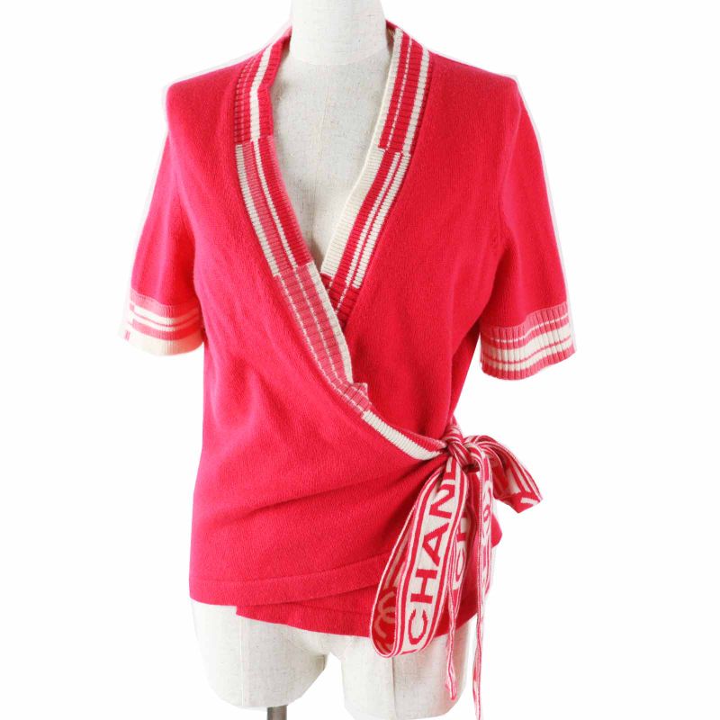 CHANEL P60724 100% Cashmere Coco Logo Line Short Sleeves Cache-coeur Knit