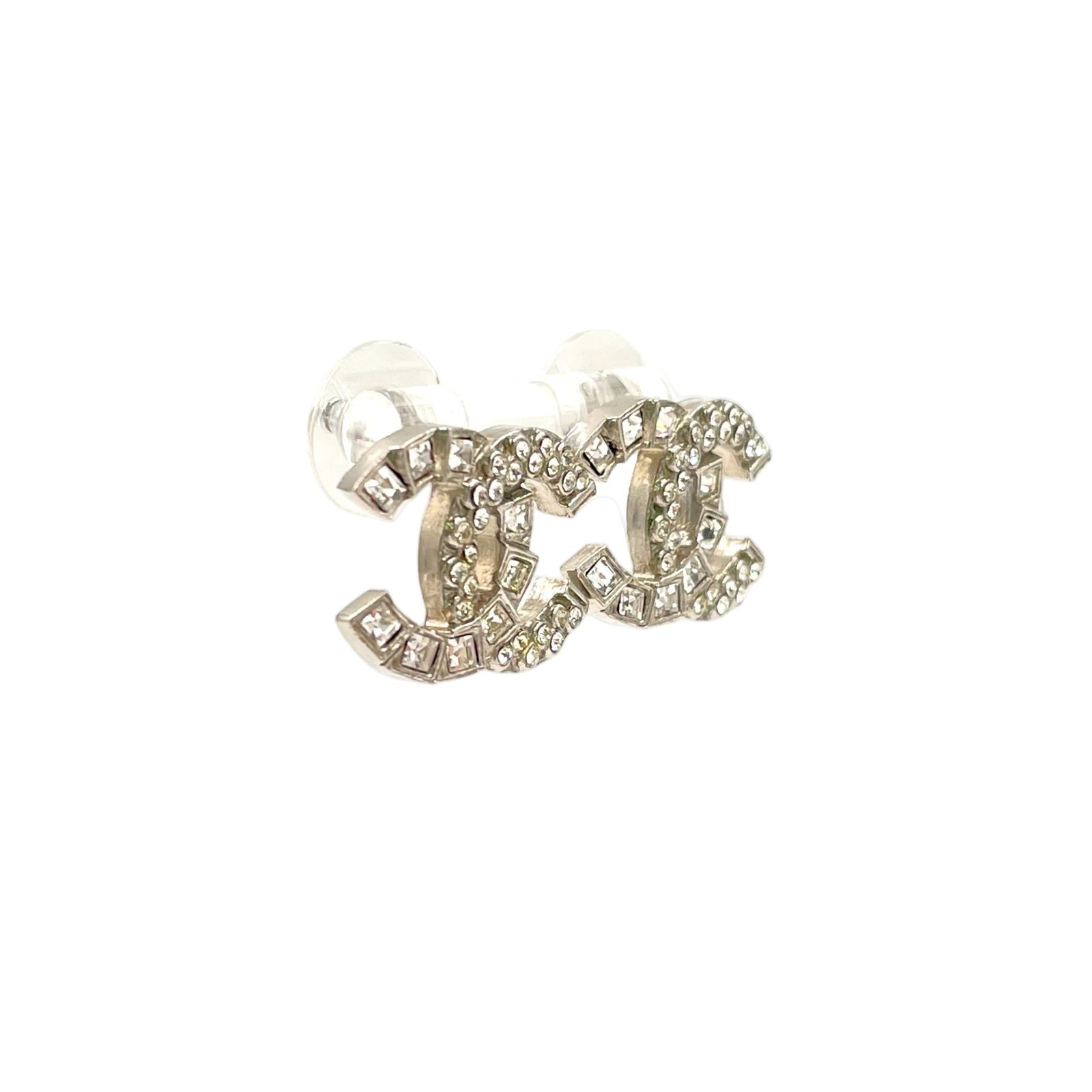 Chanel CC Logo Metal Line Stone Silver Earrings — view 2