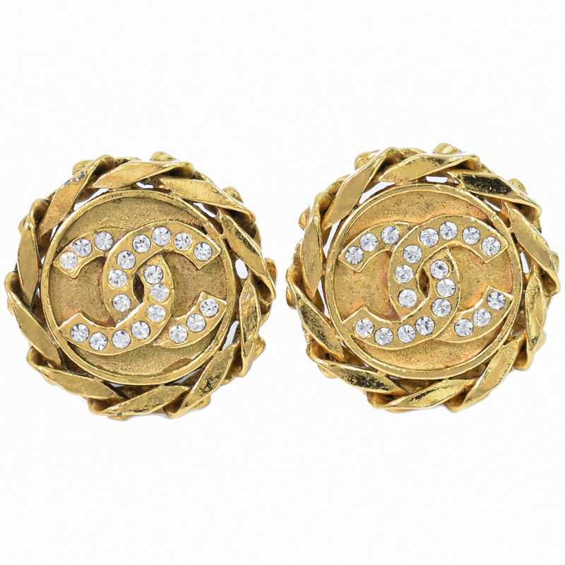 Authentic Chanel Coco Mark Rhinestone Earrings GP Gold Plated Coco Mark