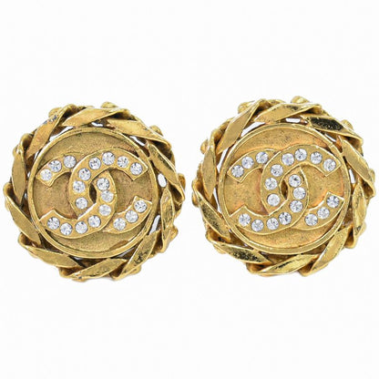 Authentic Chanel Coco Mark Rhinestone Earrings GP Gold Plated Coco Mark