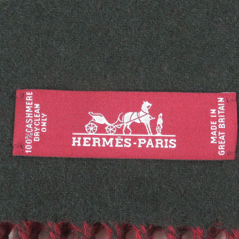 Hermes 100% Cashmere Fringe Shawl Scarf Green Bordeaux With Box Made In