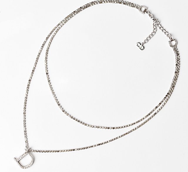 Christian Dior Necklace Vintage Double Chain Logo Rhinestone Silver