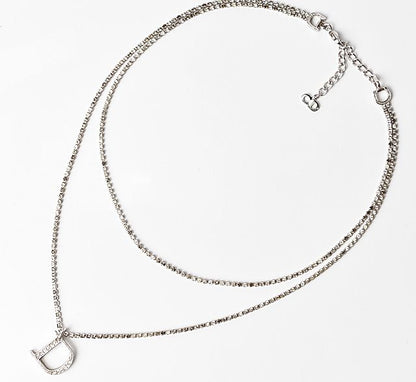 Christian Dior Necklace Vintage Double Chain Logo Rhinestone Silver