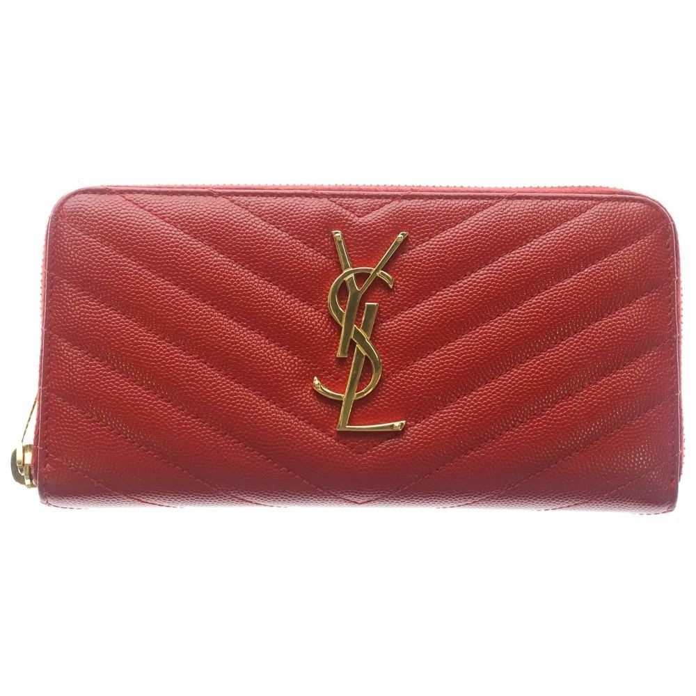 Saint Laurent Yves Cassandra Zip Around Wallet Card Case Red Leather Gold